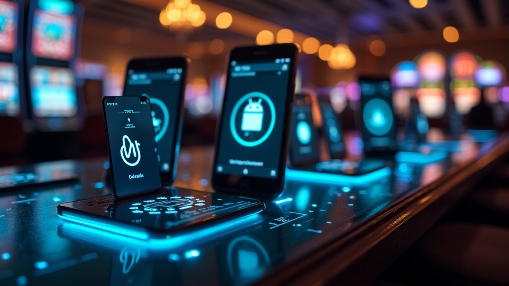 Android phones with version badges in a neon casino environment