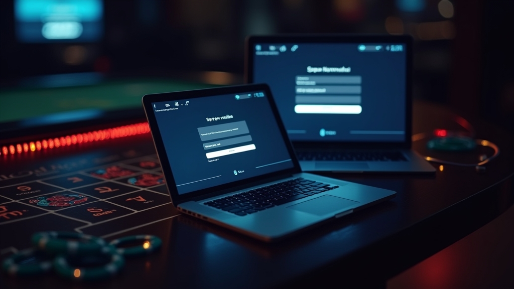 Laptop und Smartphone zeigen einen Casino-Login-Bildschirm in einer dunklen, neonbeleuchteten Umgebung