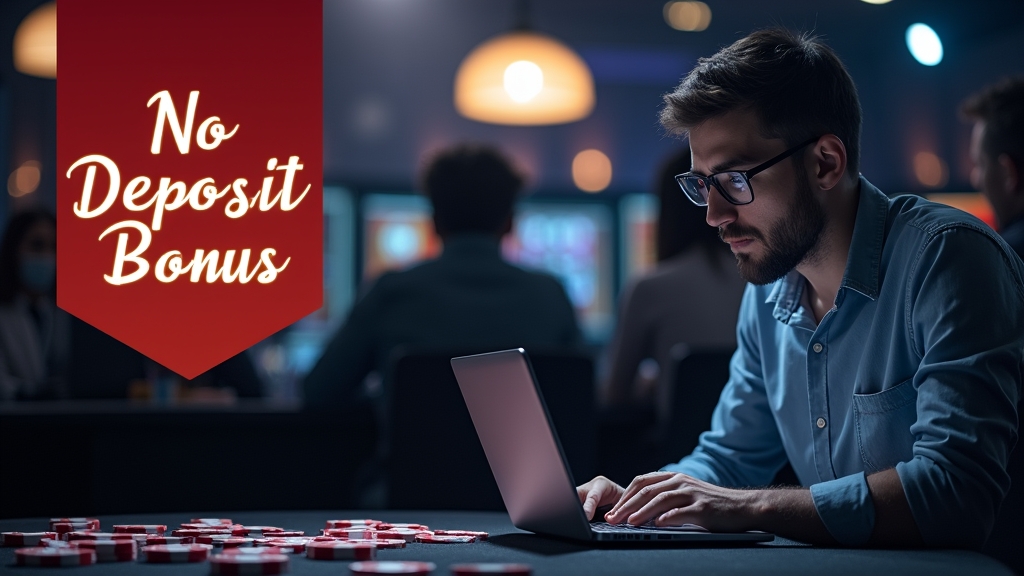 Player reviewing a no-deposit bonus banner and promo code details in a dark casino setting
