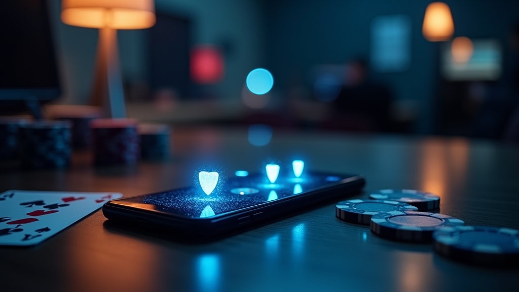 Android phone showing permission prompts beside casino security imagery