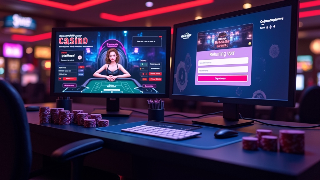 Login-Bildschirme für neue und zurückkehrende Spieler in einer dunklen Casino-Umgebung